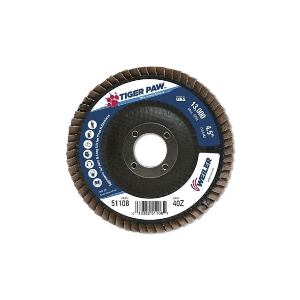 Tiger Paw™ Coated Abrasive Flap Discs, 4-1/2 in dia, 40 Grit, 7/8 Arbor, 13000 rpm, Type 27