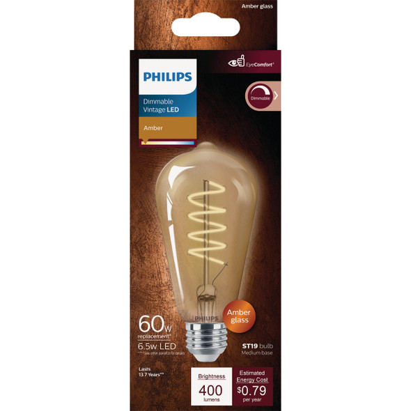 Philips Vintage 60W Equivalent Amber ST19 Medium LED Decorative Light Bulb
