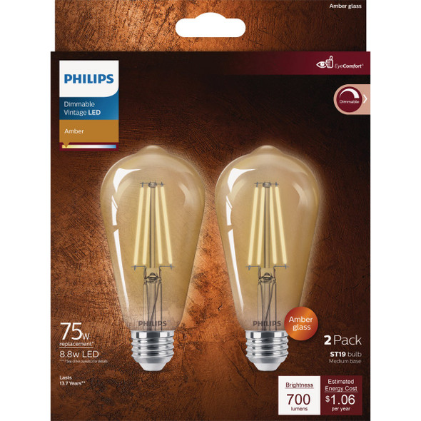 Philips Vintage 75W Equivalent Amber ST19 Medium LED Decorative Light Bulb (2-Pack)