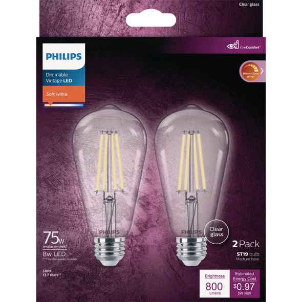 Philips Warm Glow 75W Equivalent Soft White ST19 Medium Vintage LED Decorative Light Bulb (2-Pack)