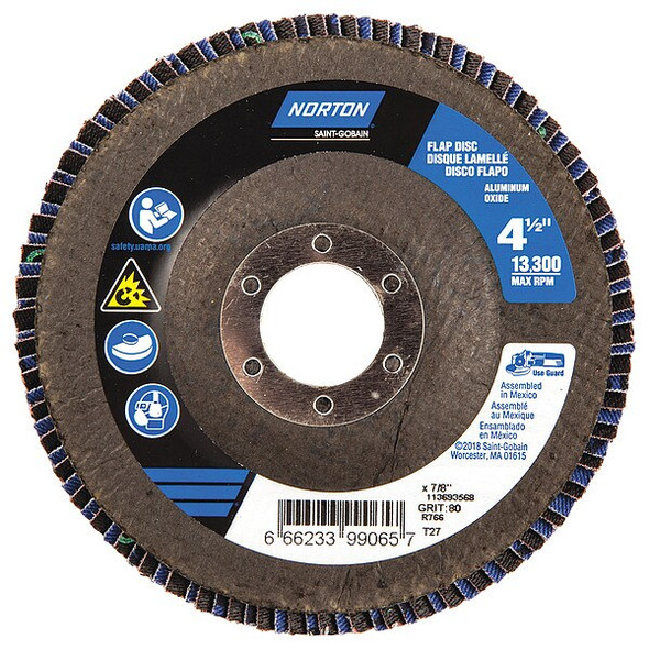 Norton Abrasives Flap Disc,4 1/2 In x 80 Grit,7/8 66623399065