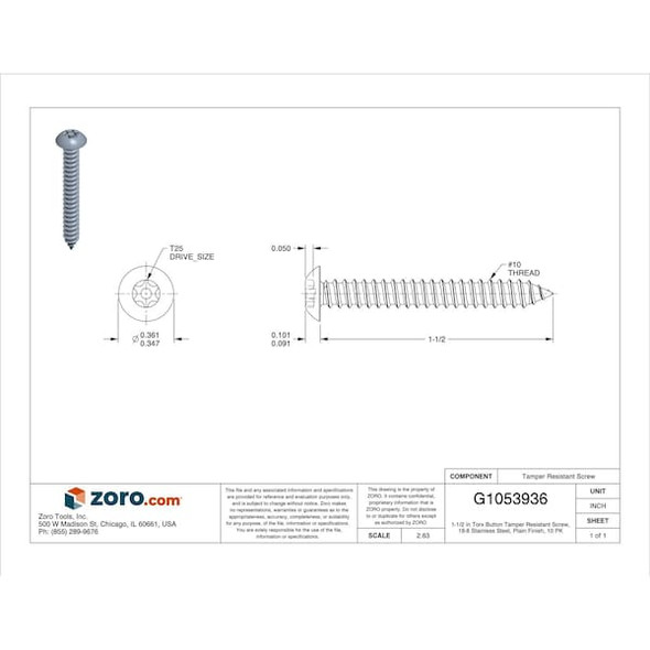 Tamper-Pruf Screws Scrw Sz #10,T25,18-8SS,1.5"L,PK10 91430