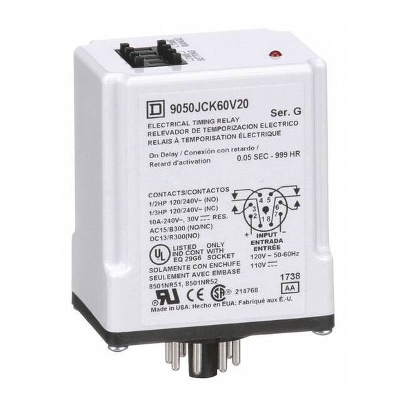 Single Function Time Delay Relay, Octal, On Delay, 1 Functions 120V AC, DPDT