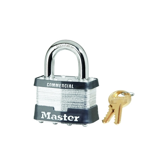 No. 5 Laminated Steel Padlock, 3/8 in dia x 15/16 in W x 1 in H Shackle, Silver/Gray, Keyed Different