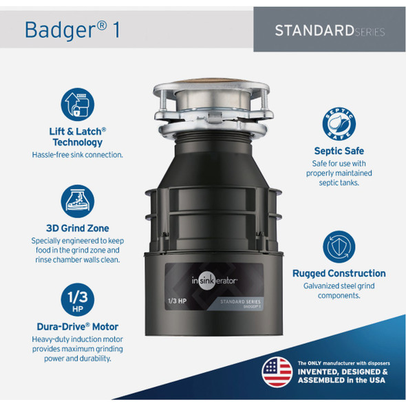 Insinkerator Badger 1-3 HP Garbage Disposer, 1 Year Warranty Badger 1 BADGER 1 490423