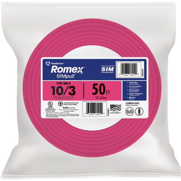 Romex 50 Ft. 10/3 Solid Pink NMW/G Electrical Wire 63948522