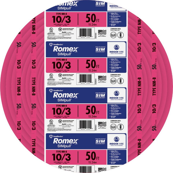 Romex 50 Ft. 10-3 Solid Pink NMW-G Electrical Wire 63948522 506850