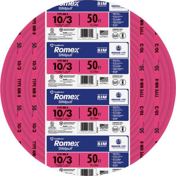 Romex 50 Ft. 10/3 Solid Pink NMW/G Electrical Wire