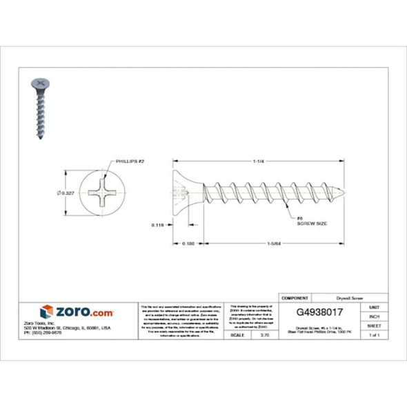Drywall Screw, No 6 x 1-1-4 in, Steel, Flat Head Phillips Drive, 1000 PK  06A125P