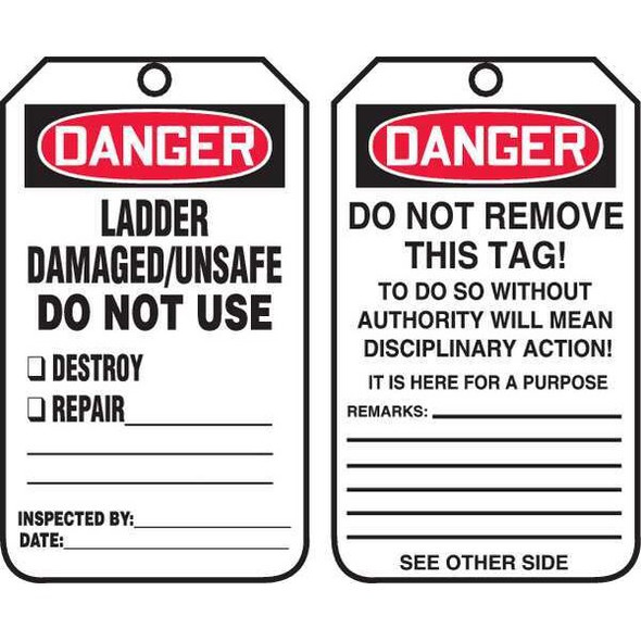 Tag, Danger, Cardstock, 5 3/4 in H x 3 1/4 in W, White, Rectangle, 25 PK