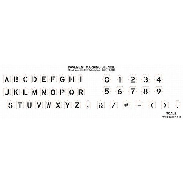 Pavement Stencil, Combination Set, A Thru Z, 0 Thru 9, Punctuation, 12 in Character Height, Clear