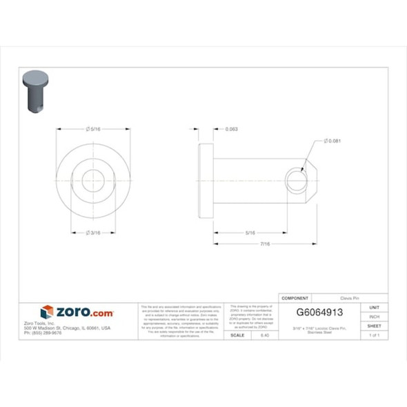 Locoloc Clevis Pin, 3-16 in Dia, 5-16 in Usable Lg, Stainless Steel PI1-3
