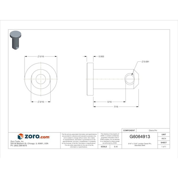 Locoloc 3/16" x 7/16" Locoloc Clevis Pin, Stainless Steel PI1-3