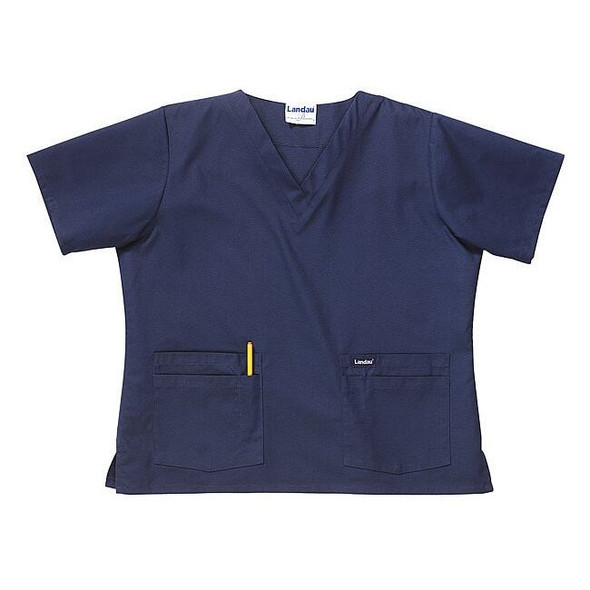 Scrub Shirt, Cotton/Polyester, Short Sleeve, 4 Pockets, V-Neck, Navy, Size M