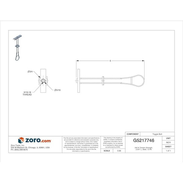 Manufacturer Varies Toggle Bolt, 240 lb Tension Strength, 2-3/4"L, Steel, 10 PK U63266.031.0001