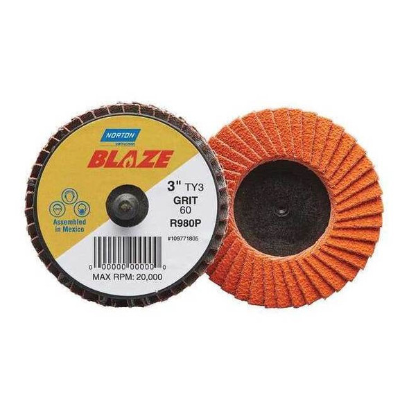 Norton Abrasives Flap Disc, 3 in Dia, 60 Grit, Type 27 77696090152