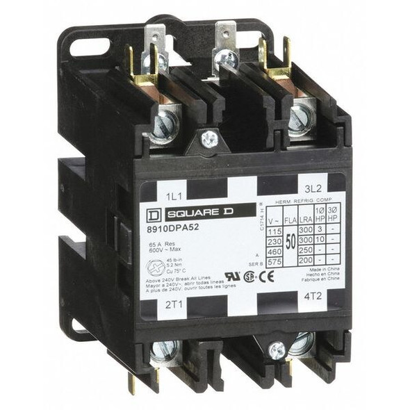 Square D DefPurposeMagContactor,110/120VAC,2P,50A 8910DPA52V02 Square D DefPurposeMagContactor,110/120VAC,2P,50A 8910DPA52V02