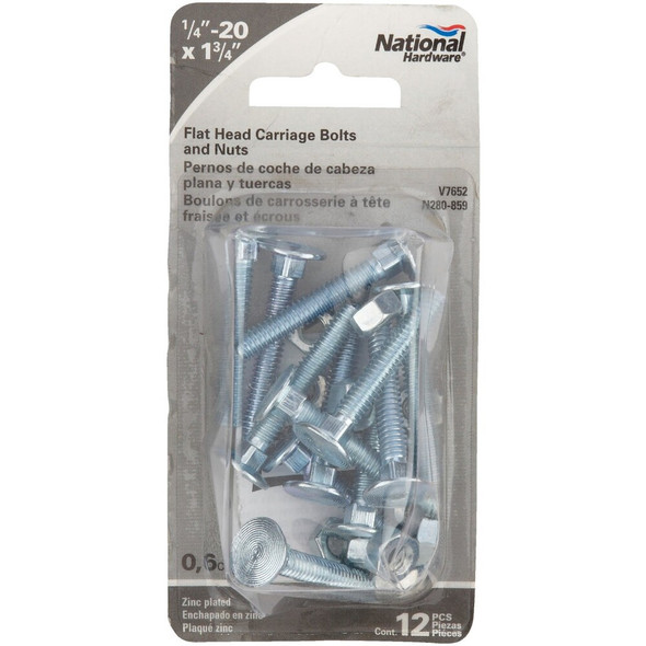 Prime-Line 1-4 In.-20 x 1-7-8 In. Zinc Plated Carriage Bolts With Nuts GD 52103 103675