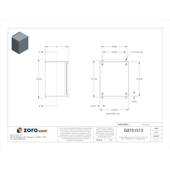 1/4 Turn Latch Electrical Enclosures, 12 in H, 8 in D, 10 in W, 12, 4, Steel
