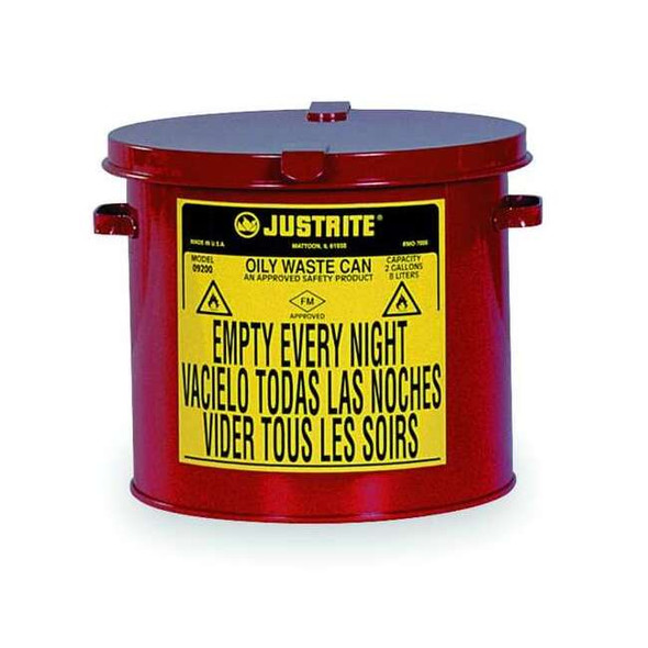 Oily Waste Can, 2 gal, Red, Steel, 9 1/8 in Height, Hand Operated Self-Closing