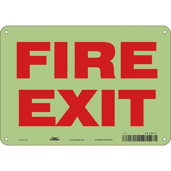 Safety Sign Emergency Exit, Glow Vinyl, 10 in W, 7 in H, FIRE EXIT, White