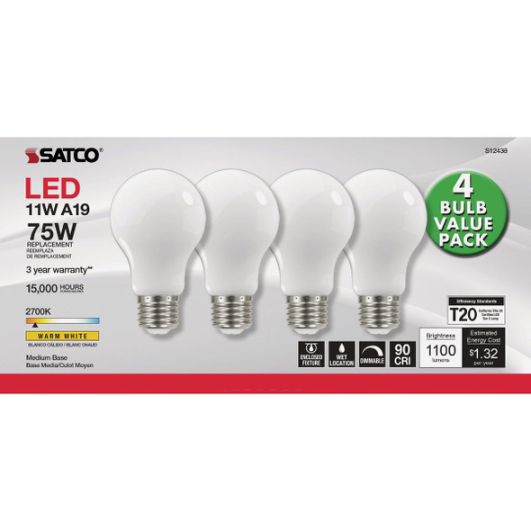 Satco Nuvo 75W Equivalent Warm White A19 Medium Frosted LED Light Bulb (4-Pack) S12438 511680