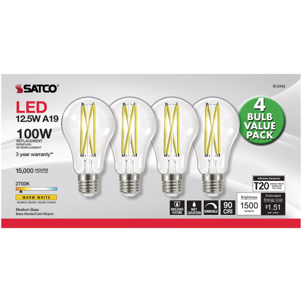 Satco Nuvo 100W Equivalent Warm White A19 Medium Clear LED Light Bulb (4-Pack) S12442 566594