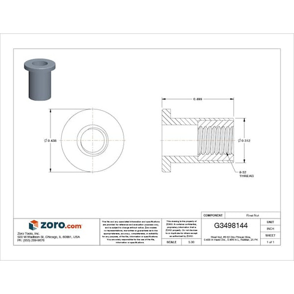 Rivet Nut, #8-32 Thrd Sz, 0.499 in L, Rubber, Protective Powder, 25 PK