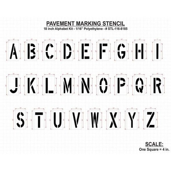 Pavement Stencil, Letter Set, A Thru Z, Blanks, 18 in Character Height, Highway Gothic Font, Clear