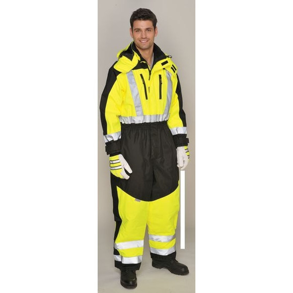 Cold Weather Coverall Rainsuit, Polyester, 32 in Inseam, 45 in Waist, 9.8 mil Thickness, Yellow