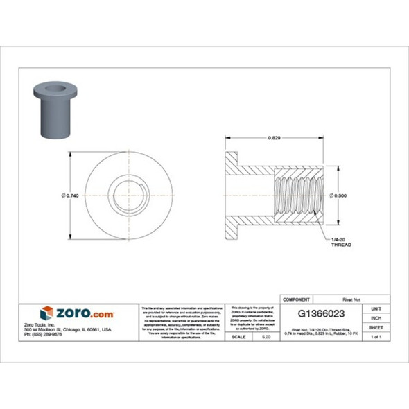 Rivet Nut, 1/4"-20 Thrd Sz, 0.829 in L, Rubber, Protective Powder, 10 PK