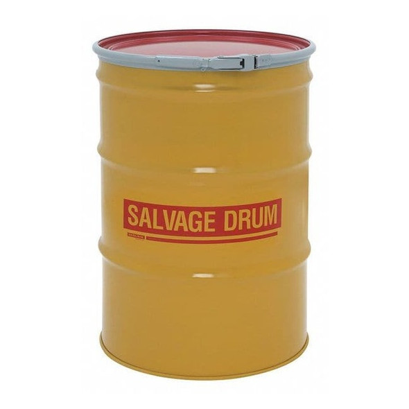 Open Head Salvage Drum, Steel, 55 gal, Unlined, Yellow