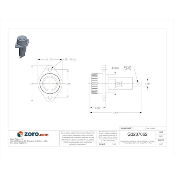 Mersen Fuse Holder, 0 to 30A Amp Range, 600V AC/DC Volt Rating, 1 Poles, Quick Connect GPM-S
