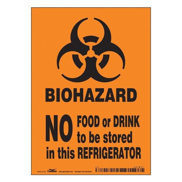 Biohazard Sign, 7 in H, 5 in W, Vinyl, Vertical Rectangle, English, 447W17