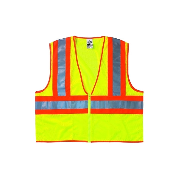 GloWear® Safety Vest, 8229Z, Two-Tone, Class 2, Type R, 1 Pocket, Reflective Strip, Zipper, Economy, Large/X-Large, Lime