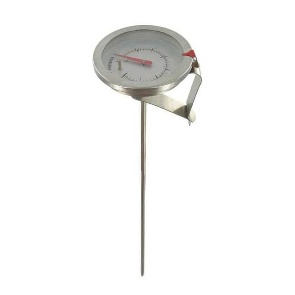 Clip-on bimetal thermometer, range 25 to 125 Degrees F, 8" stem.