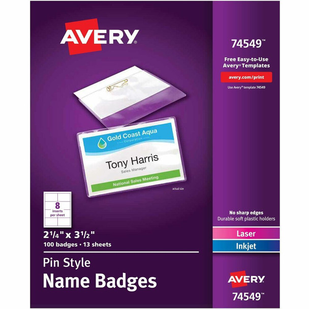 Avery&reg; Pin-Style Name Badges - 3 1/2" x 2 1/4" - White, Clear - 1 Box