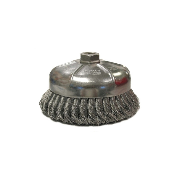 Single Row Heavy-Duty Knot Wire Cup Brush, 6 in dia, 5/8-11 UNC, 0.023 Steel Wire