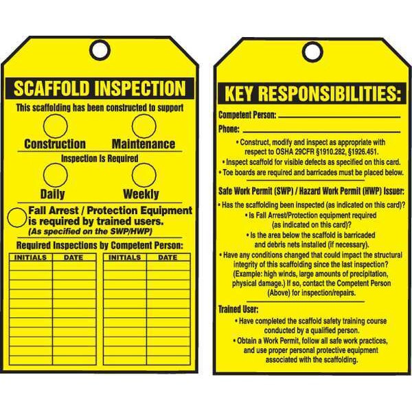 Tag, Scaffold, Cardstock, 6 1/4 in H x 3 in W, Yellow, Rectangle, 100 PK