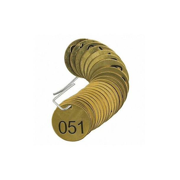 Numbered Tag, Brass, 1 1/2 in H x 1 1/2 in W, 1 1/2 in Dia., Brass, Round, 25 PK