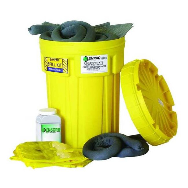 Spill Kit, 28 gal Volume Absorbed per Kit, 30 gal Capacity, Drum, Yellow, 58
