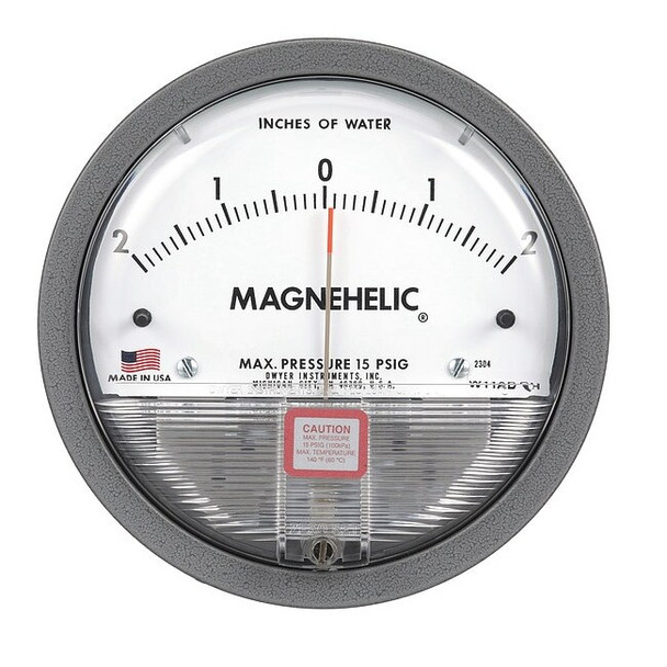Differential pressure gage, range 2-0-2" w.c., minor divisions .10.