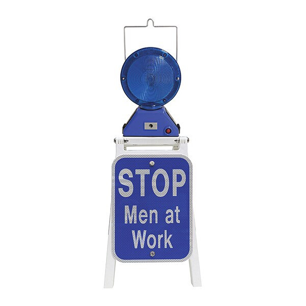 LED Stop Sign, Stop Men at Work, White/Blue, 9 in W, 12 in H
