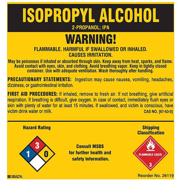 Brady ISOPROPYL ALCOHOL, ISOPROPYL ALCOHOL, 5 in W x 5 in H 26119LS