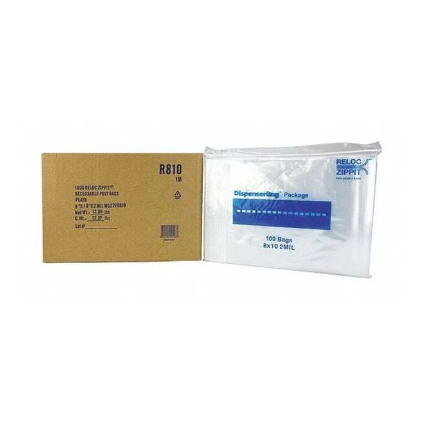Reclosable Bag, Zip Seal, 10 in L, 8 in W, 2 mil Thick, Polyethylene, Clear