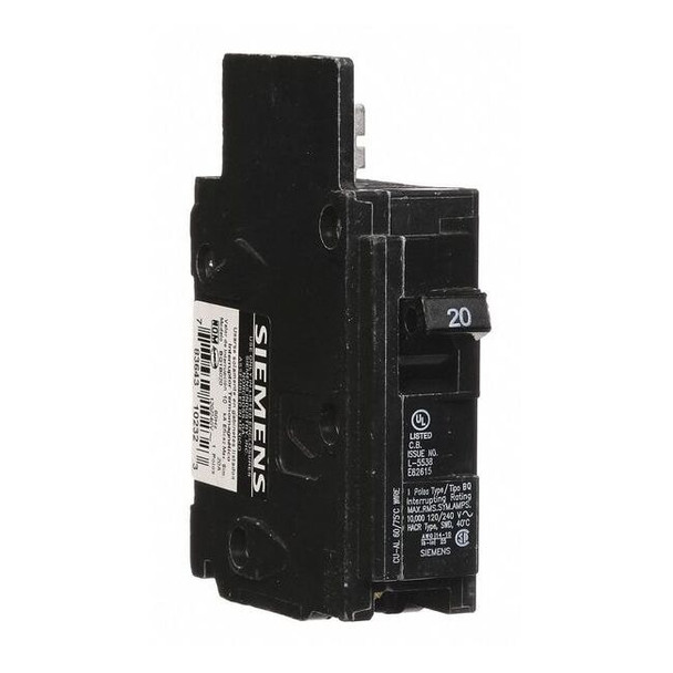 Miniature Circuit Breaker, BQ Series, 20A, 1 Pole, 120V AC, 10kA at 120V AC