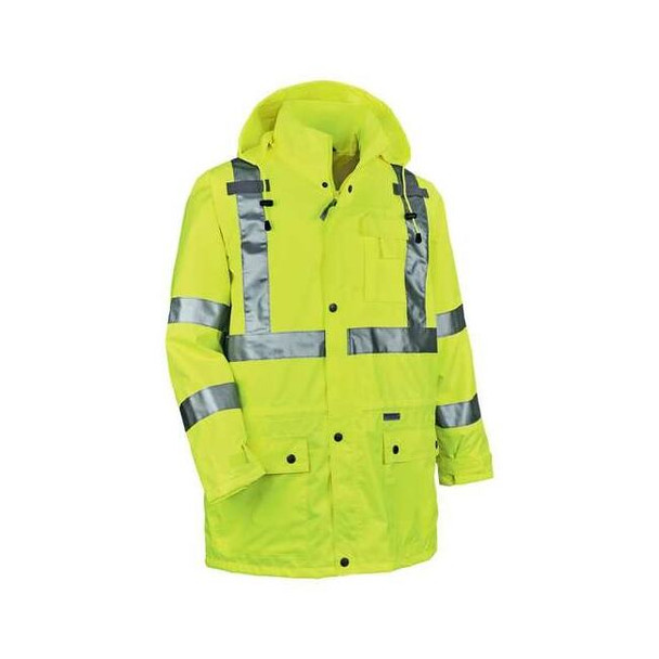 Ergodyne Rain Jacket with Hood, Polyester, Class 3 Type R, Yellow/Green, L 8365