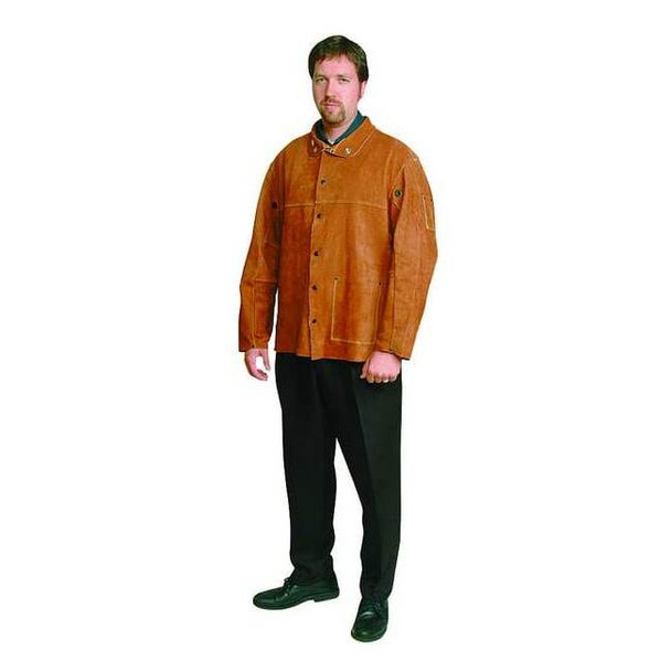 Welding Jacket, Cowhide, 30 in Length, Snaps Closure, 3 Pockets, Brown, XL