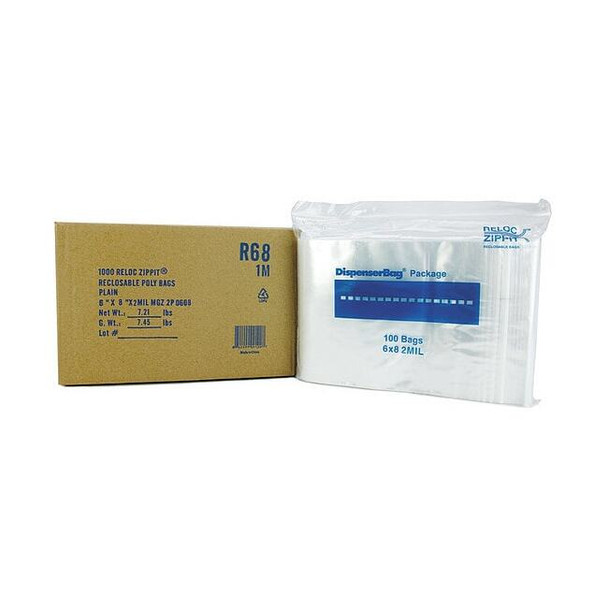 Reclosable Bag, Zip Seal, 8 in L, 6 in W, 2 mil Thick, Polyethylene, Clear