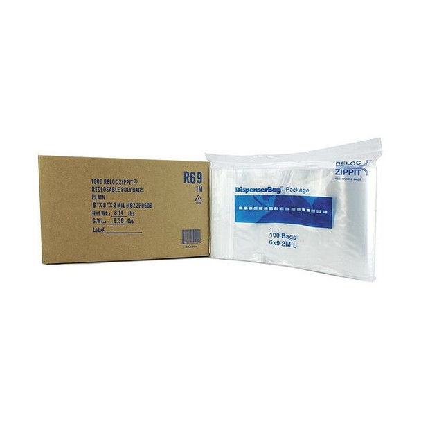 Reclosable Bag, Zip Seal, 9 in L, 6 in W, 2 mil Thick, Polyethylene, Clear